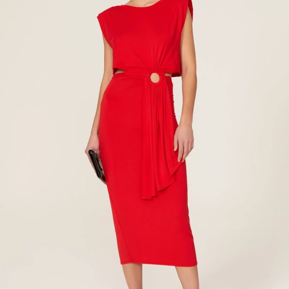 BB Dakota Red Asymmetrical Midi Dress with Ring Detail